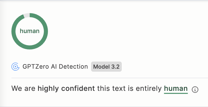 GPTZero showing 'highly confident this text is entirely human'